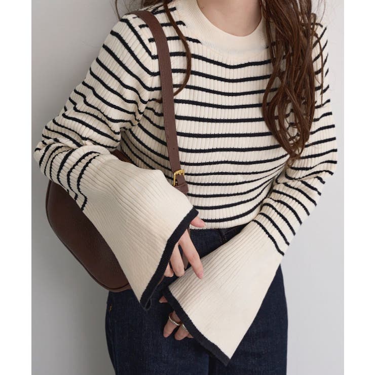 もっちりニットで着心地抜群袖バイカラーリブニットトップス