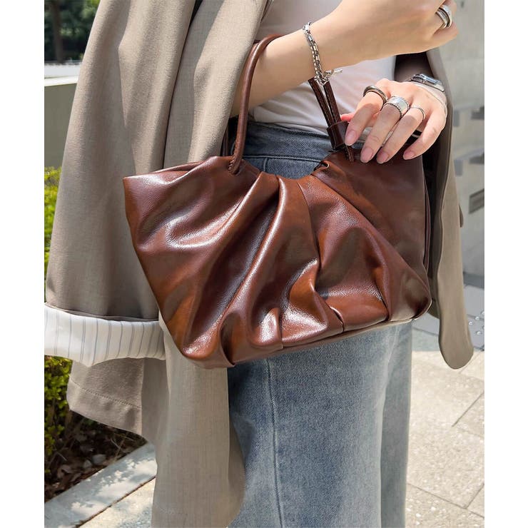 キャメルブラウン | ギャザーデザインフェイクレザーバッグ ハンドバッグ 鞄 | KOBE LETTUCE