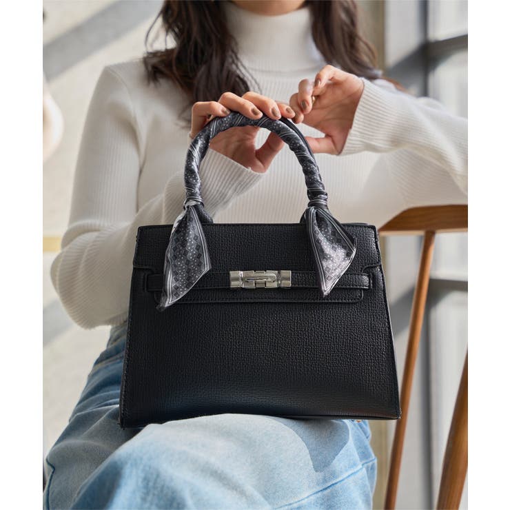 ブラック | リボンスカーフ付きスクエアバッグ リボンスカーフ付き ハンドバッグ | KOBE LETTUCE