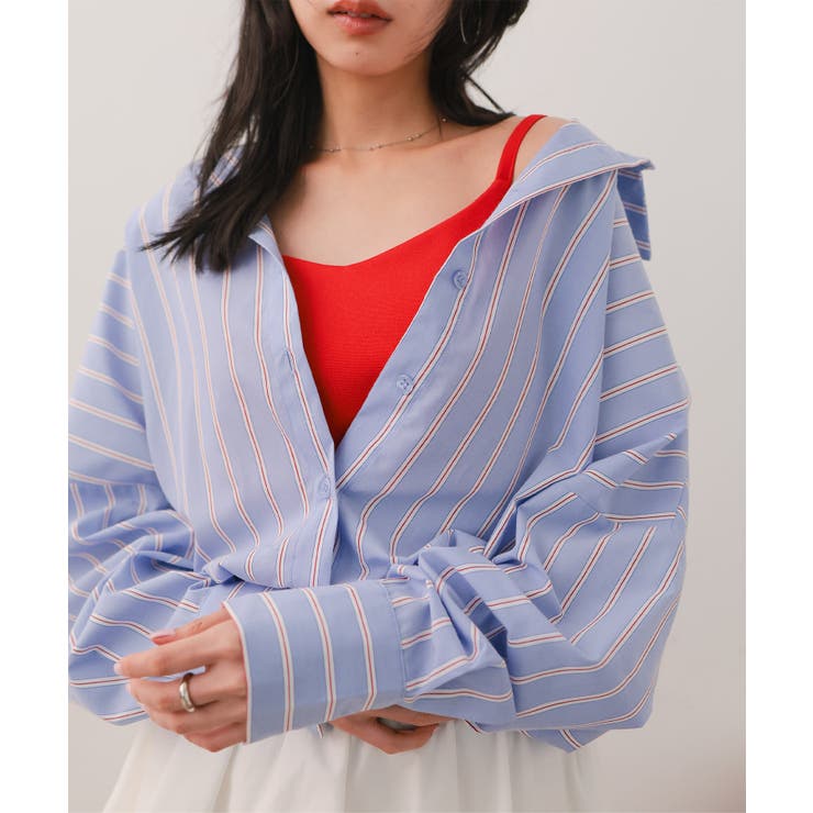 ストライプブルー1 | コットン混ルーズビッグシャツトップス［C3815］ | KOBE LETTUCE