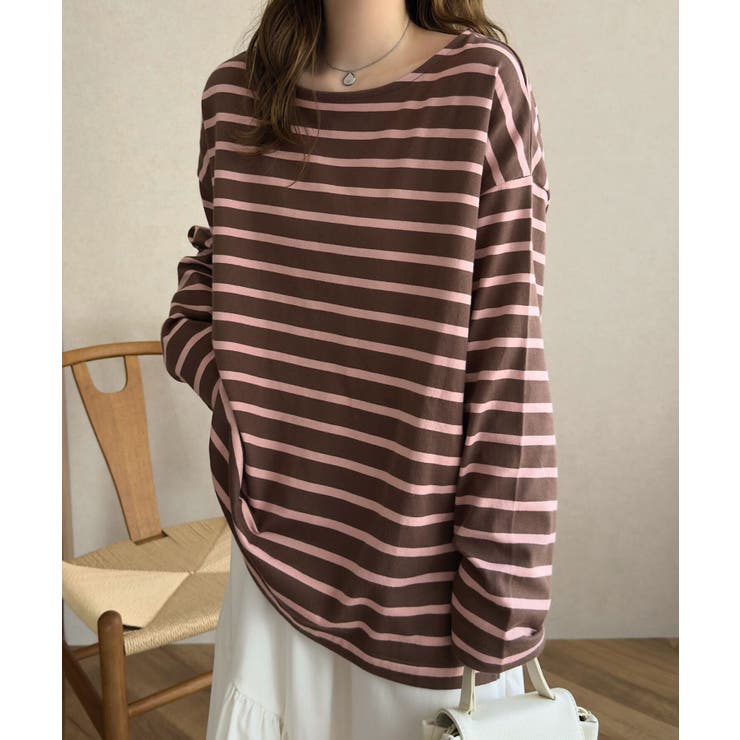 ブラウン×ピンク | 選べるデザイン コットン100％ゆったりボーダーチュニックカットソー | KOBE LETTUCE