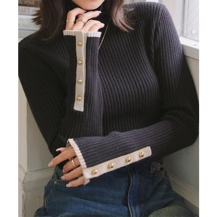 ブラック×ボタン | もっちり リブニット［C6260］ ニット | KOBE LETTUCE