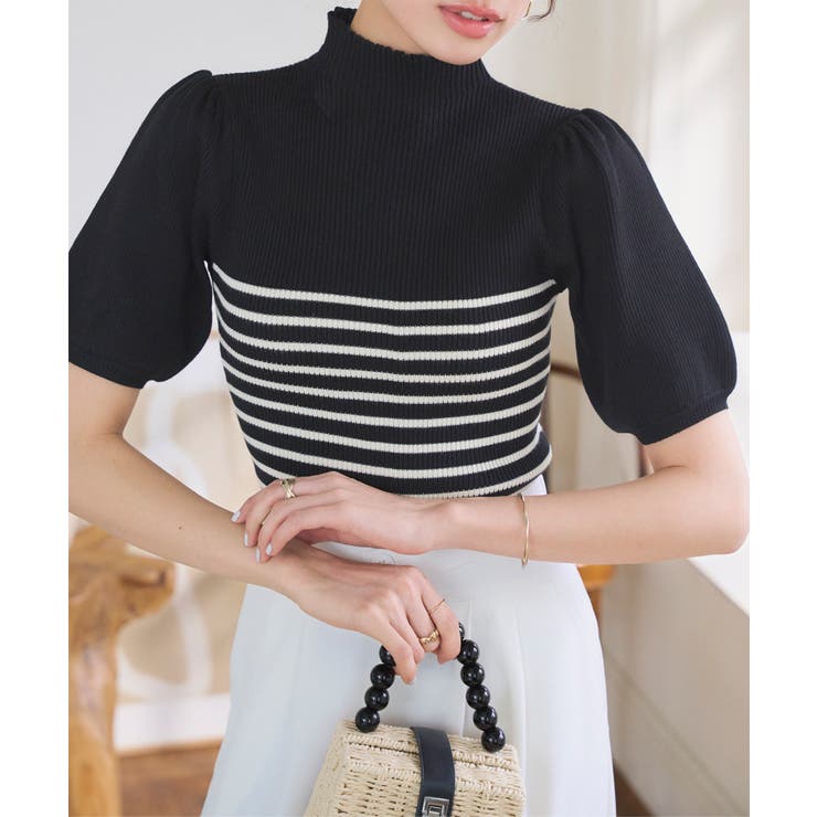 ブラック×エクリュ | モックネックorスクエアネックぽわんスリーブニットトップス［C6609］ | KOBE LETTUCE