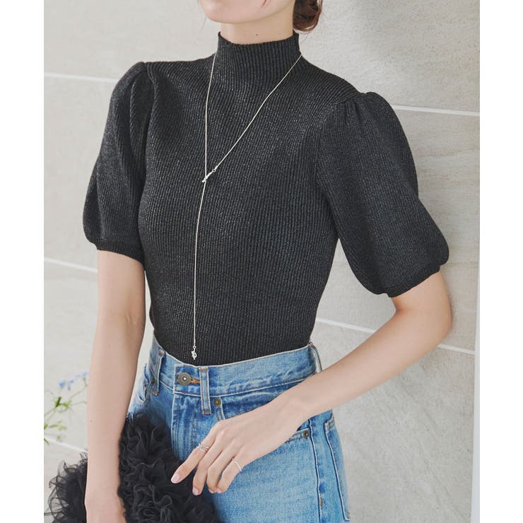 ラメブラック | モックネックorスクエアネックぽわんスリーブニットトップス［C6609］ | KOBE LETTUCE