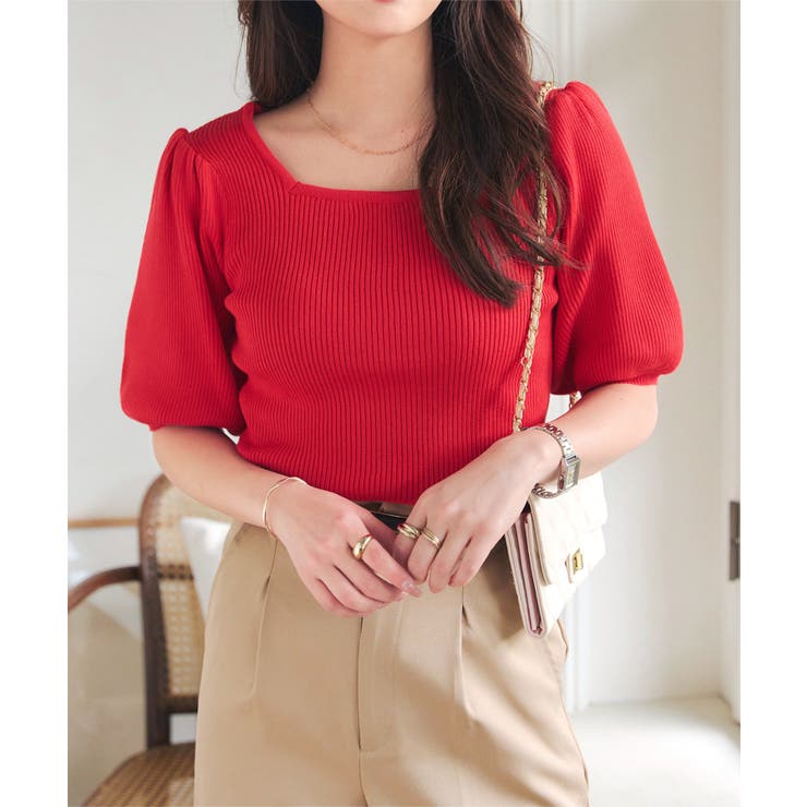 レッド | モックネックorスクエアネックぽわんスリーブニットトップス［C6609］ | KOBE LETTUCE