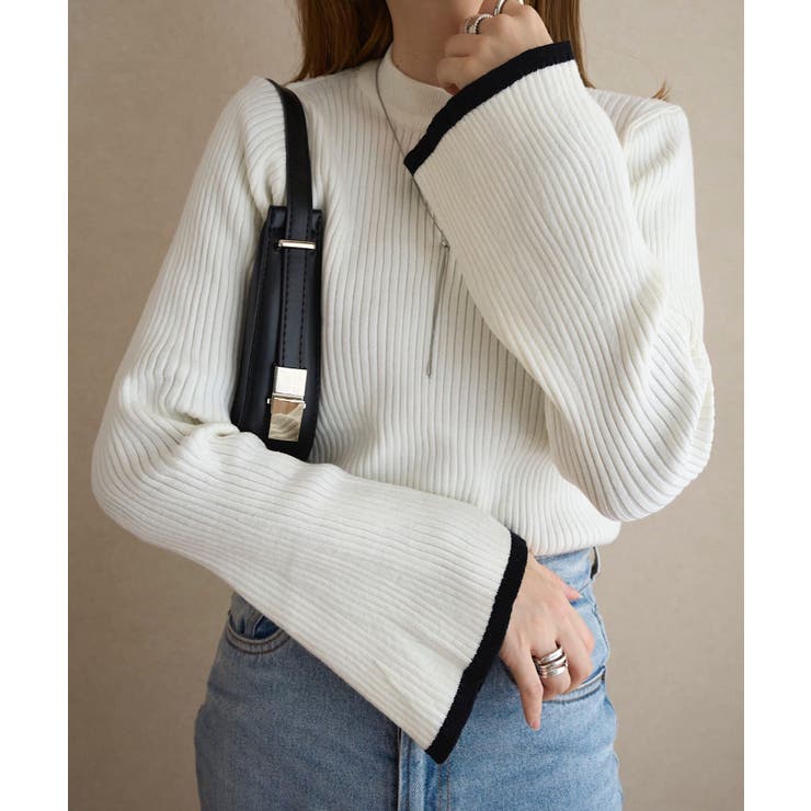 もっちりニットで着心地抜群袖バイカラーリブニットトップス