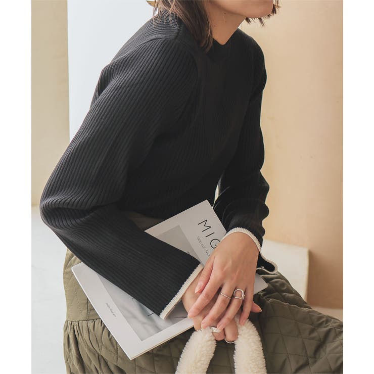 ブラック | もっちりニットで着心地抜群袖バイカラーリブニットトップス リブニット ニット | KOBE LETTUCE