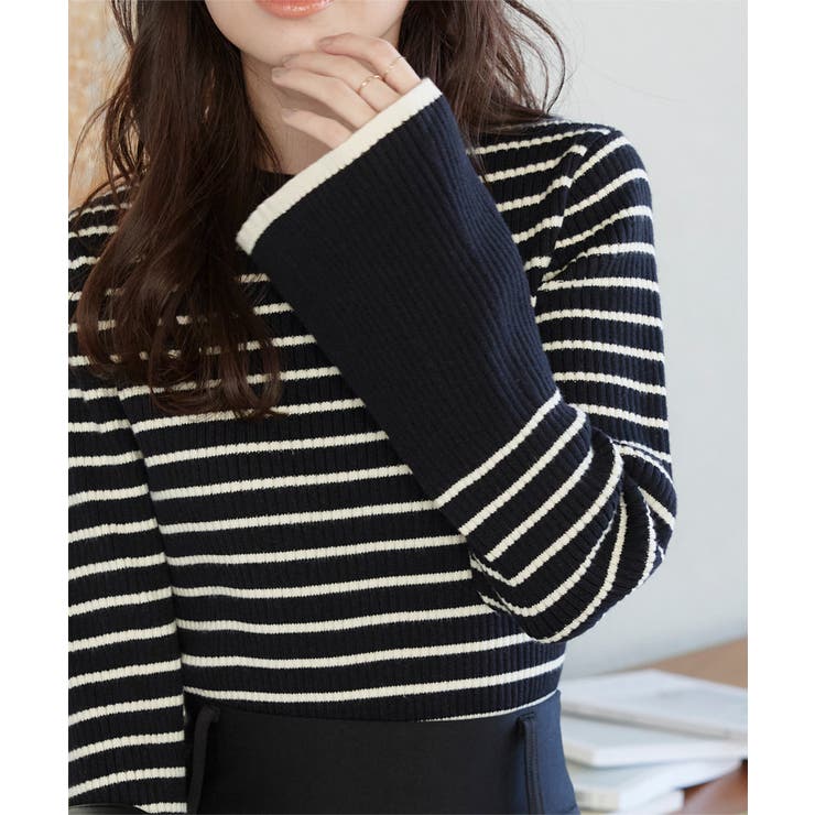もっちりニットで着心地抜群袖バイカラーリブニットトップス