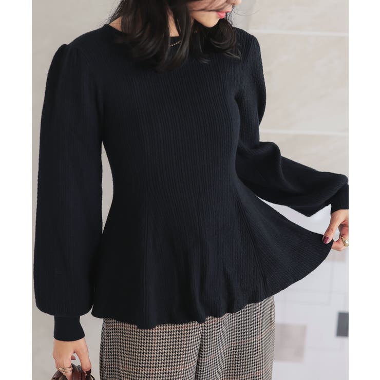 ブラック | ぽわん袖ペプラムリブニットトップス［C7185］ | KOBE LETTUCE