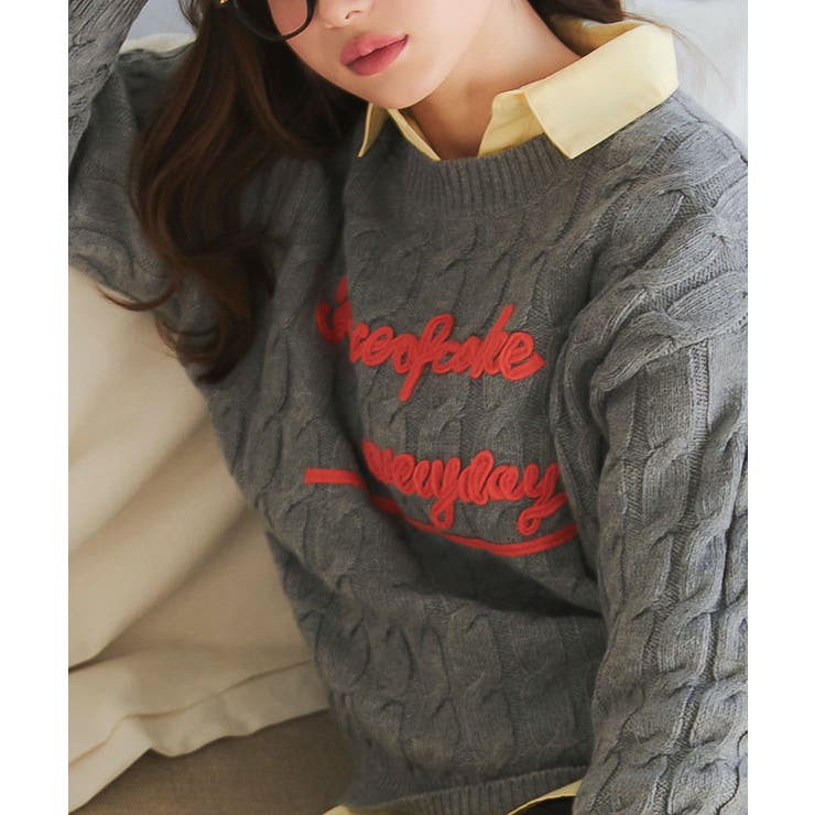 グレー | ロゴコード刺繍ケーブルニットトップス［C7190］ | KOBE LETTUCE