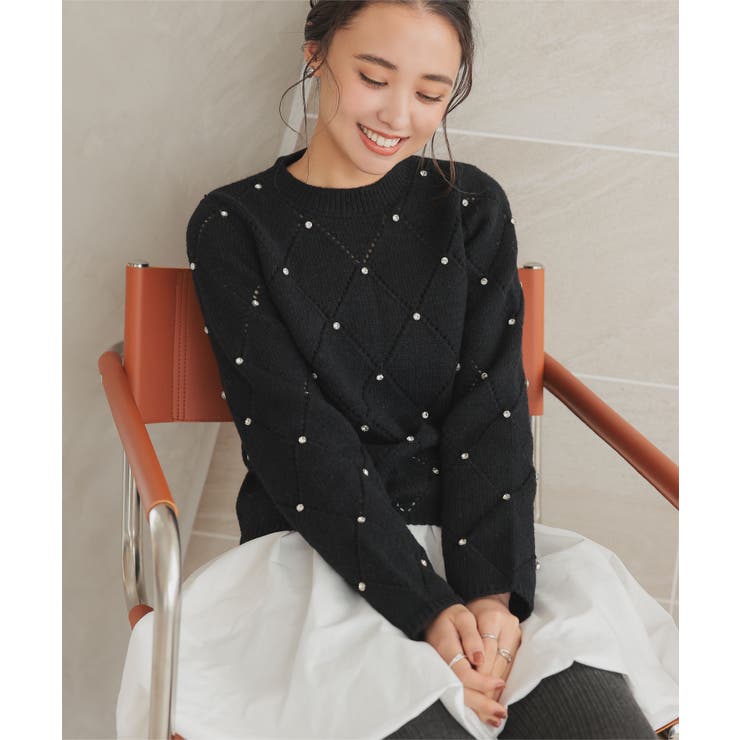 ブラック | ダイヤ柄ビジューニットトップス［C7196］ | KOBE LETTUCE