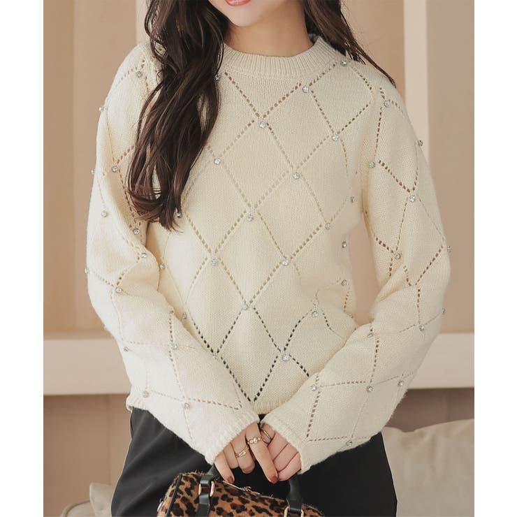 アイボリー | ダイヤ柄ビジューニットトップス［C7196］ | KOBE LETTUCE