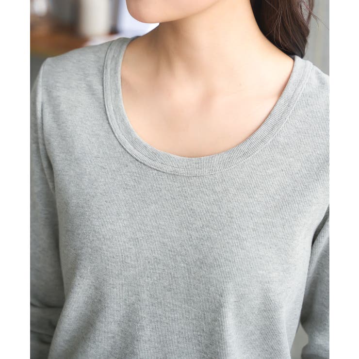 M L XL 選べるサイズ ] 深Uネック細リブ長袖Tシャツ［C7316