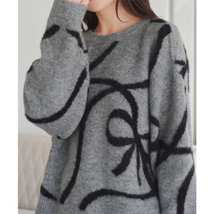 リボン柄シャギーニットトップス［C7328］[品番：KO000014889