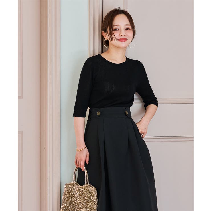 半袖ブラック | [ 田中亜希子さんコラボ ]クルーネックシアーリブニットトップス［C7339］ | KOBE LETTUCE