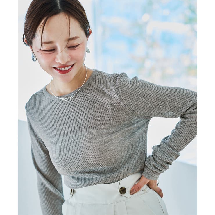 長袖グレー | [ 田中亜希子さんコラボ ]クルーネックシアーリブニットトップス［C7339］ | KOBE LETTUCE