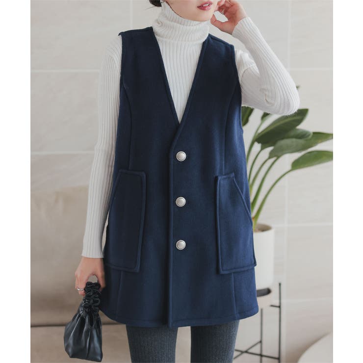 ネイビー | サークルボタンフェイクウールジレベスト［C7356］ | KOBE LETTUCE