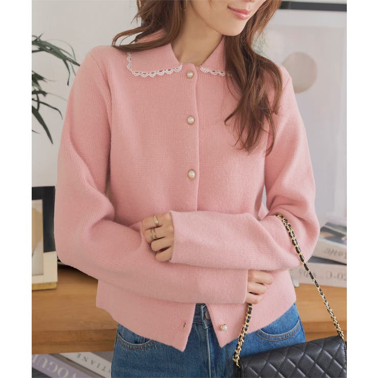 ピコレース襟付きニットカーディガン［C7373］[品番