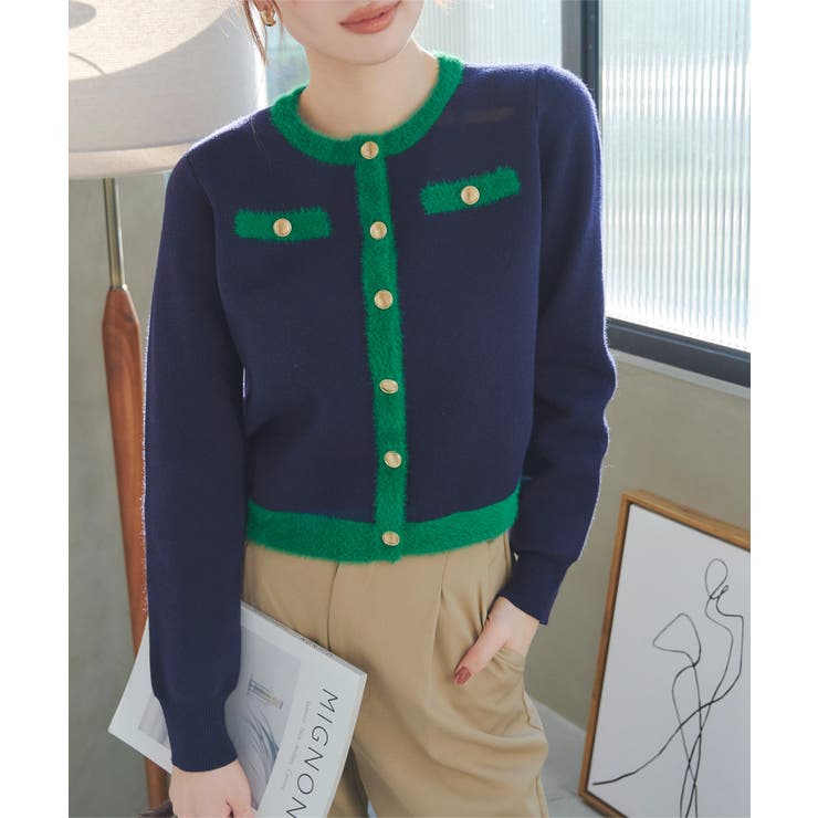 ネイビー | パイピングシャギーニットジャケットカーディガン［C7379］ | KOBE LETTUCE