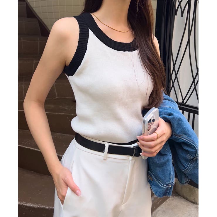 アイボリー×ブラック | カップ付きアメリカンスリーブニットトップス［C7444］ | KOBE LETTUCE