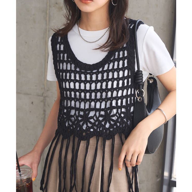 ブラック | クロシェ編みフリンジベスト［C7458］ | KOBE LETTUCE