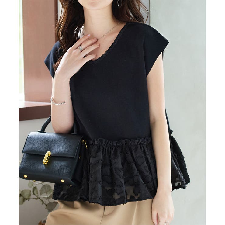 ブラック | Vネック裾ジャガードドッキングニットブラウス［C7536］ | KOBE LETTUCE