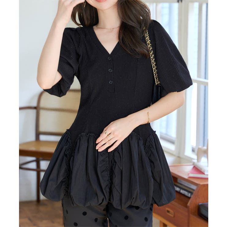 ブラック×ブラック | ドッキングバルーントップス 半袖 ニット | KOBE LETTUCE