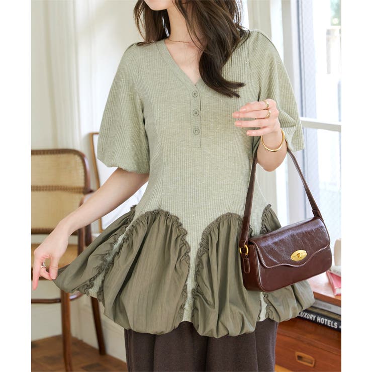 カーキ×カーキ | ドッキングバルーントップス 半袖 ニット | KOBE LETTUCE