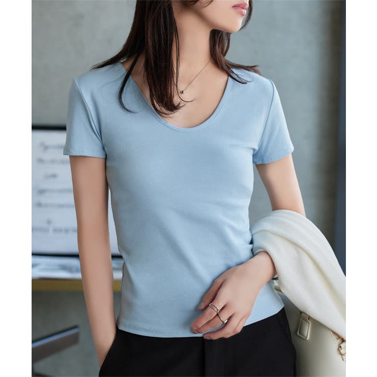 ブルー | 深Uネック半袖シンプルTシャツ［C7609］ tシャツ 半袖 | KOBE LETTUCE