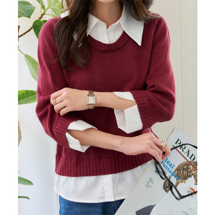 レイヤード風 7分袖ニット レイヤード風[品番：KO000015561]｜KOBE