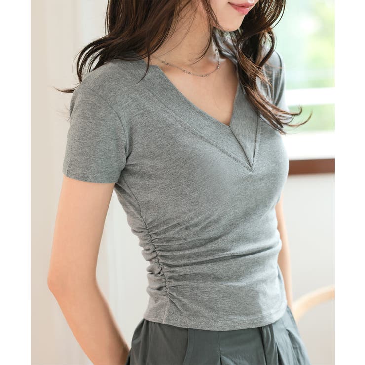 VネックサイドシャーリングTシャツ tシャツ Vネック[品番