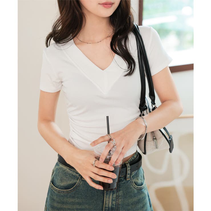 VネックサイドシャーリングTシャツ tシャツ Vネック[品番