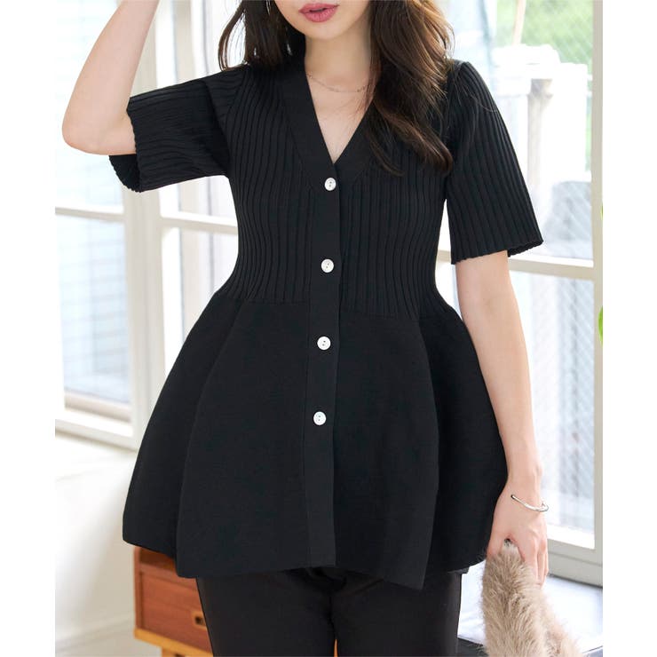 ブラック | Vネックペプラムリブ半袖カーディガン Vネック ペプラム | KOBE LETTUCE