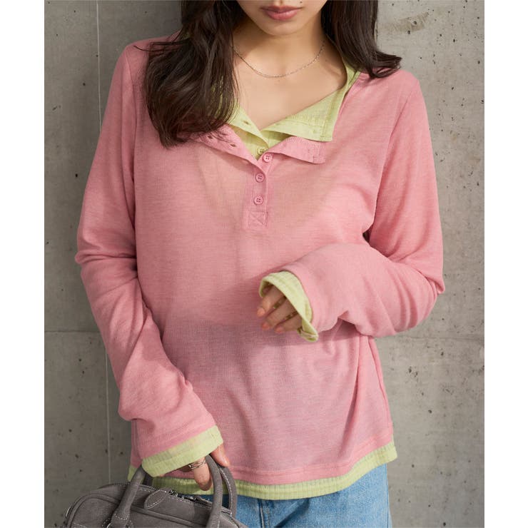 ピンク×Lグリーン | レイヤード風ヘンリーネックシアートップス［C7659］ レイヤード風 ヘンリーネ… | KOBE LETTUCE