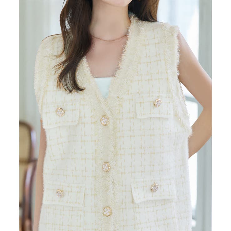 ツイード風フリンジノースリーブニット ニット ベスト[品番