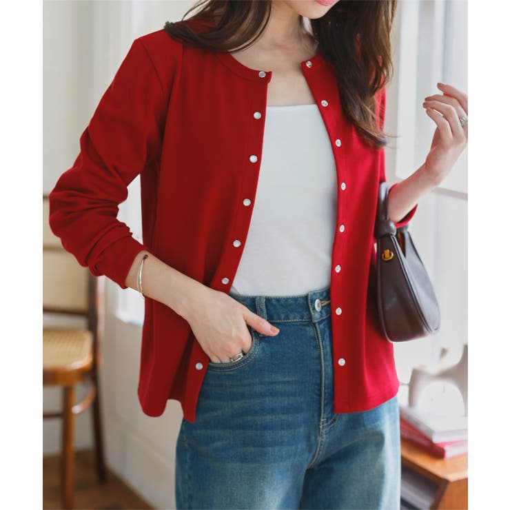 レッド | スナップボタン丸首リブカーディガン カーディガン スナップボタン | KOBE LETTUCE