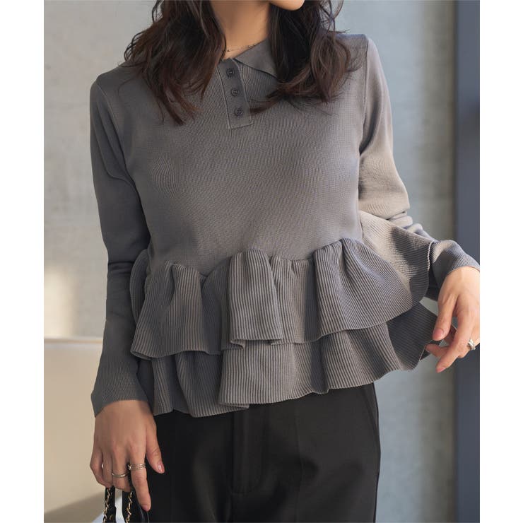 チャコール | 裾フリルニットポロロングスリーブ［C7688］ 裾フリル ポロニット | KOBE LETTUCE