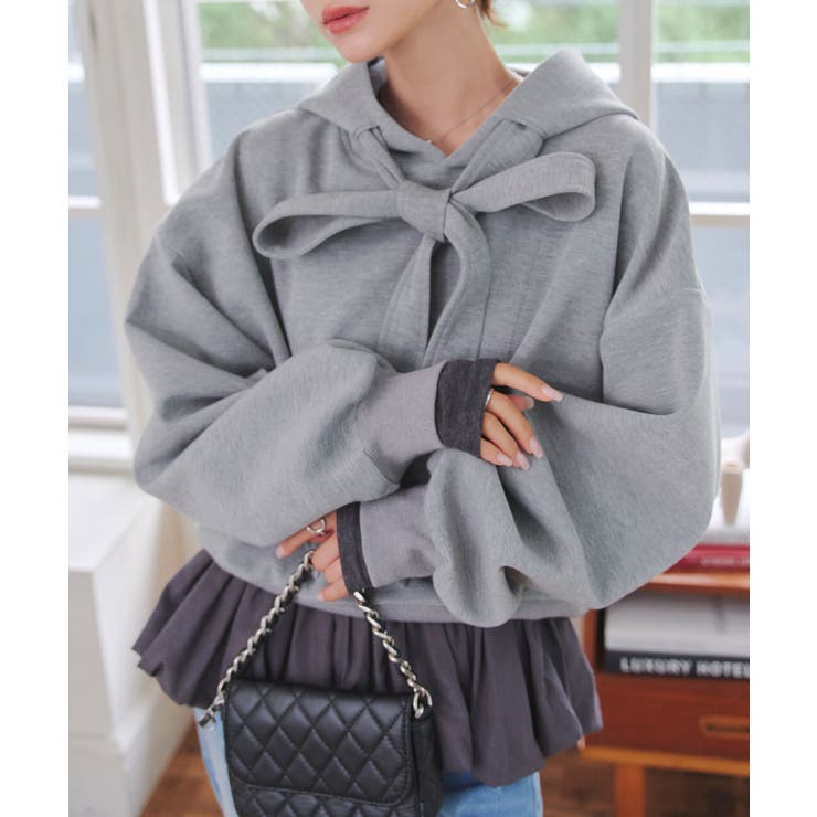 グレー | ダイバービッグリボンフーディトップス［C7698］ フーディー パーカー | KOBE LETTUCE