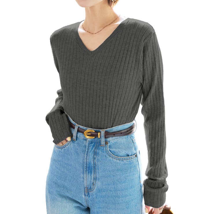 ダークグレー | M L 太リブVネックもっちりインナーニット［C7714］ | KOBE LETTUCE
