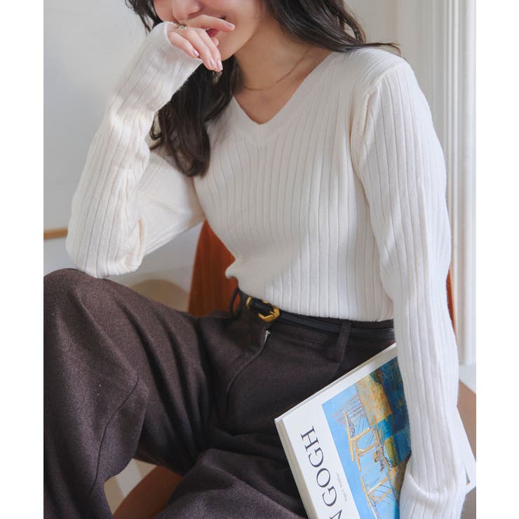 アイボリー | M L 太リブVネックもっちりインナーニット［C7714］ | KOBE LETTUCE