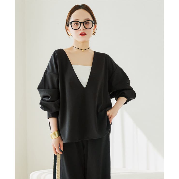 田中亜希子さんコラボ ] 深Vネックジャージープルオーバー［C7728