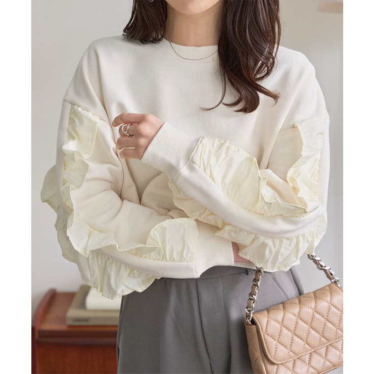 アイボリー | 袖フリルショート丈スウェットトップス［C7764］ スウェット トップス | KOBE LETTUCE