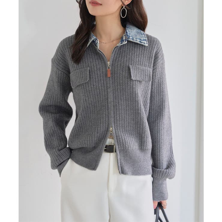 グレー | デニム襟ジップニットカーディガン［C7767］ デニム襟 ジップ | KOBE LETTUCE