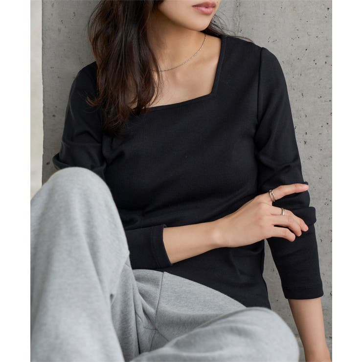 ブラック | 深開きスクエア Uネック 長袖Tシャツ［C7770］ | KOBE LETTUCE