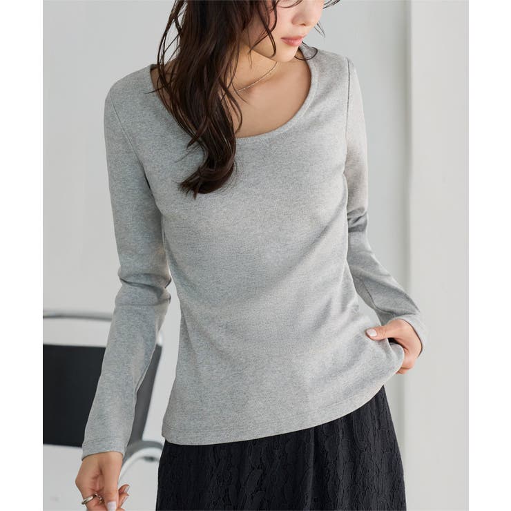 杢グレー | 深開きスクエア Uネック 長袖Tシャツ［C7770］ | KOBE LETTUCE