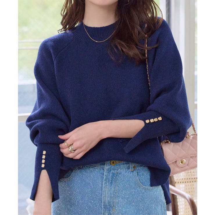 ネイビー | 袖スリットボタンデザインニット［C7775］ ニット セーター | KOBE LETTUCE