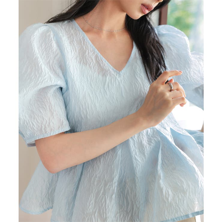 サックス | シアージャガードVネックペプラムブラウス［C7790］ シアー ペプラムブラウス | KOBE LETTUCE