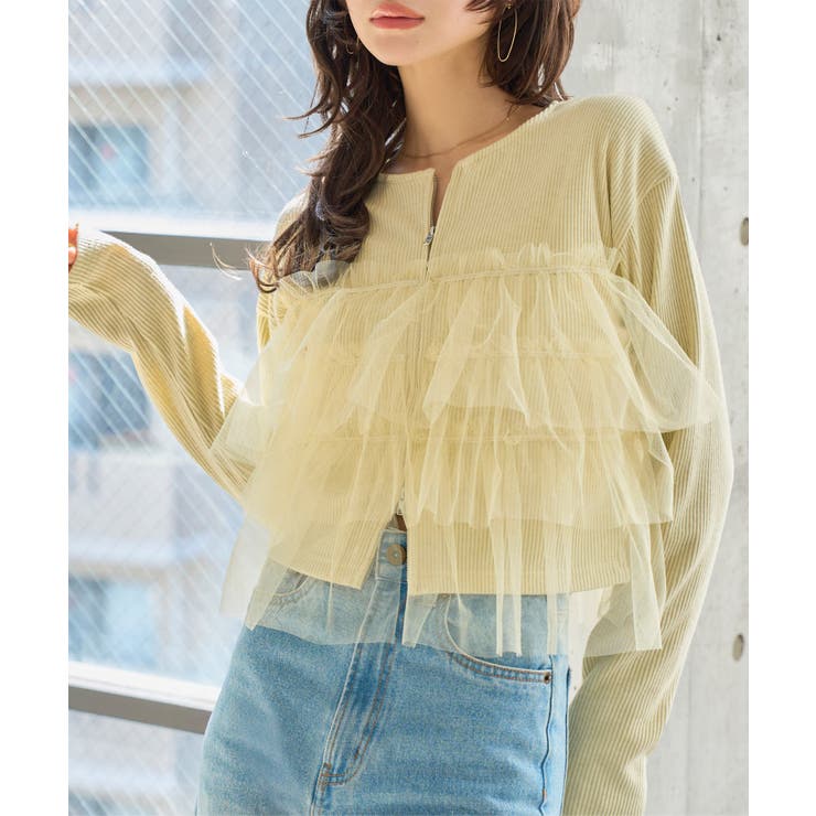 イエロー | チュールドッキングリブカットソーカーディガン［C7808］ チュールドッキング … | KOBE LETTUCE