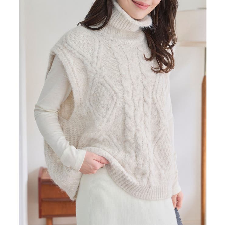 アイボリー | ケーブルハイネックニットベスト［C7813］ ニットベスト ケーブル | KOBE LETTUCE