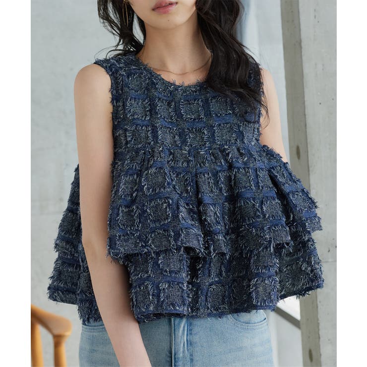 ネイビー | ペプラムフリンジブラウス［C7929］ ノースリ ペプラムブラウス | KOBE LETTUCE